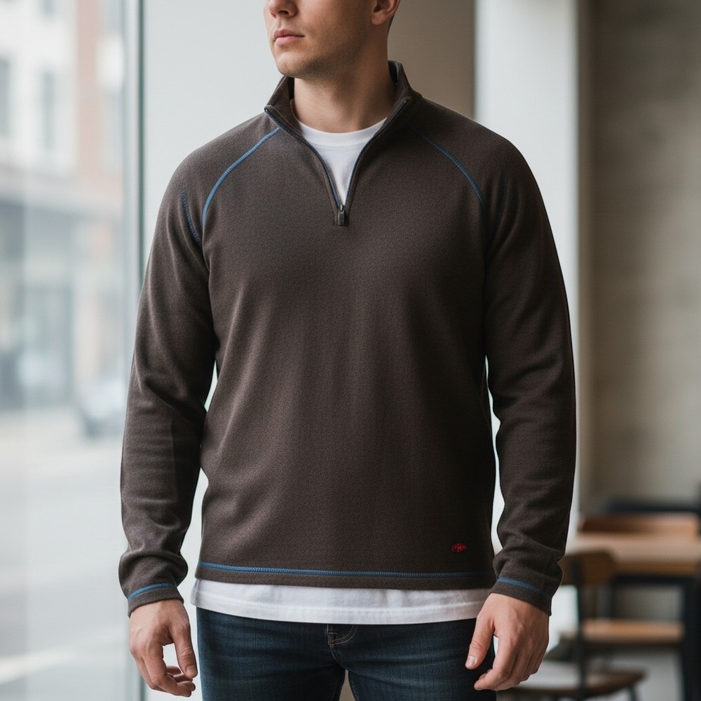 Agave Lux Hondo LS 1/4 Zip Pullover Mens Raglan Contrast Stitch Brown Teal XL